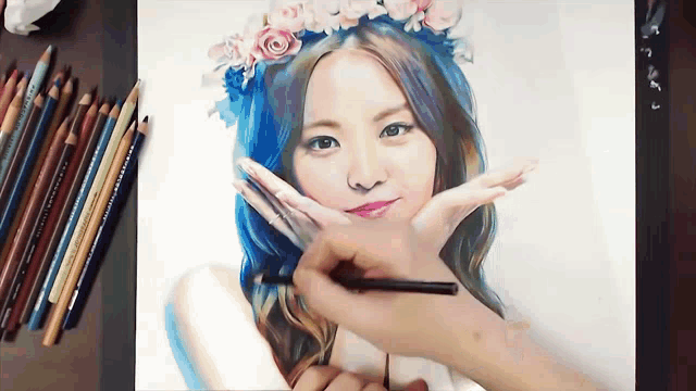 a drawing of a woman with blue hair and a flower crown