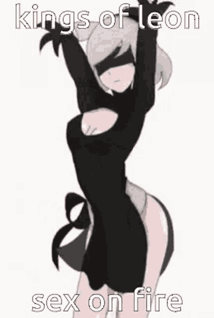 a cartoon of a girl dancing with the words `` kings of leon sex on fire '' written below her .