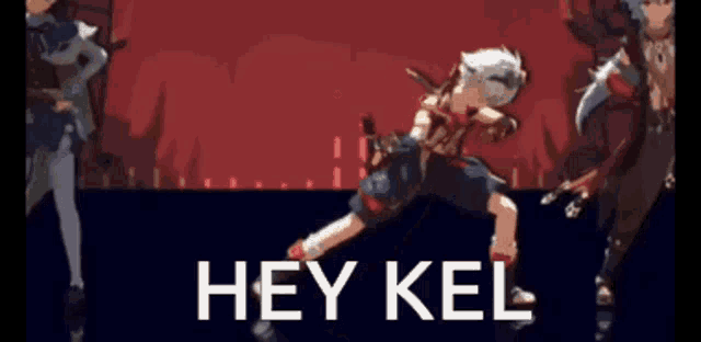 a cartoon character is standing in front of a red background and says hey kel .