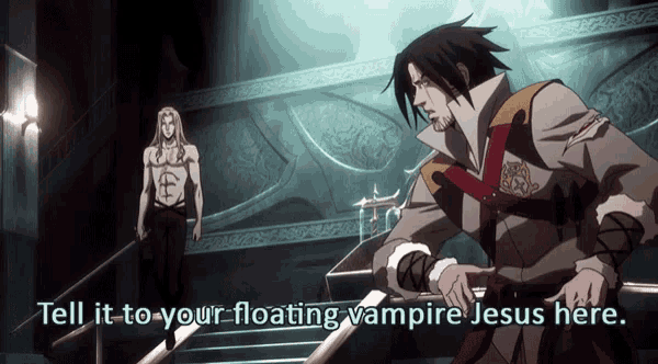 two anime characters are standing next to each other with the words tell it to your floating vampire jesus here below them