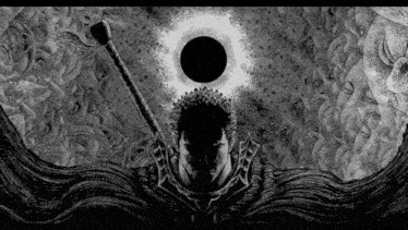 a black and white drawing of a man with a sword and a black circle in the middle of his face .