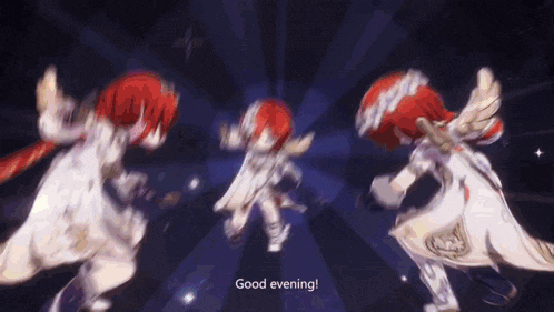 a group of anime characters are dancing and the words good evening are visible in the background