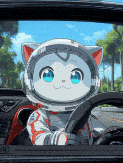 a cartoon cat wearing a helmet and headphones is driving a car