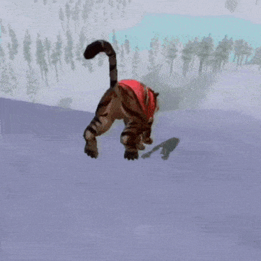 a cat is walking through the snow in a video game .