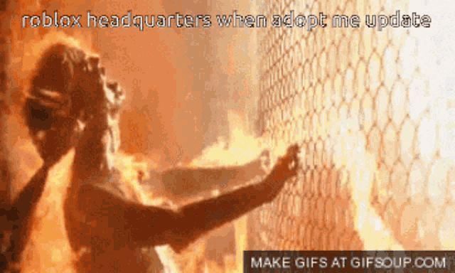 a woman is standing in front of a burning fence with the words roblox headquarters when adopt me update above her