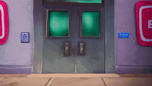 a cartoon drawing of a building with a blue sign that says entrance on it