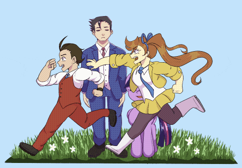 a drawing of a man in a suit standing next to two girls and a pony
