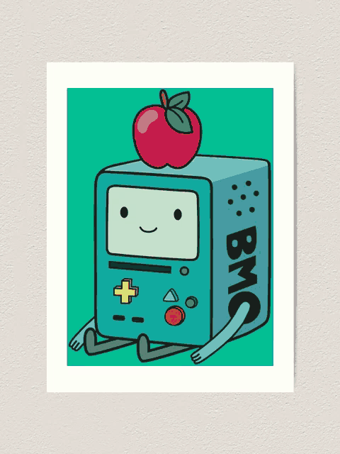 a cartoon drawing of bmo from adventure time with an apple on his head