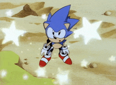 sonic the hedgehog is flying through the air with stars behind him