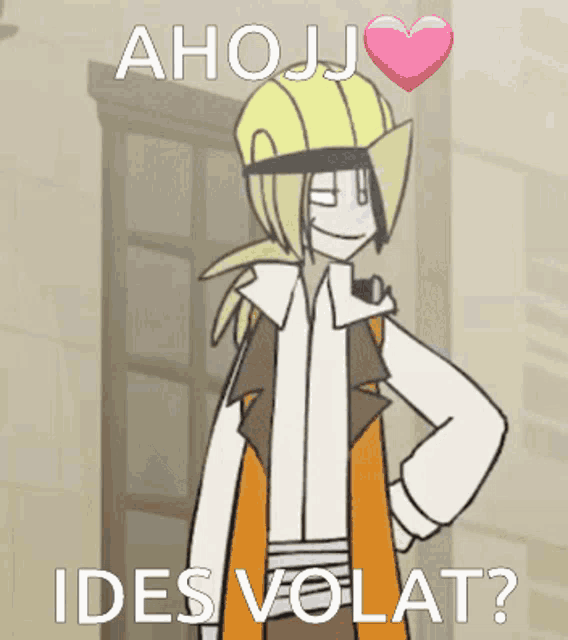 a cartoon character with a yellow helmet and a pink heart says ahoj ides volat