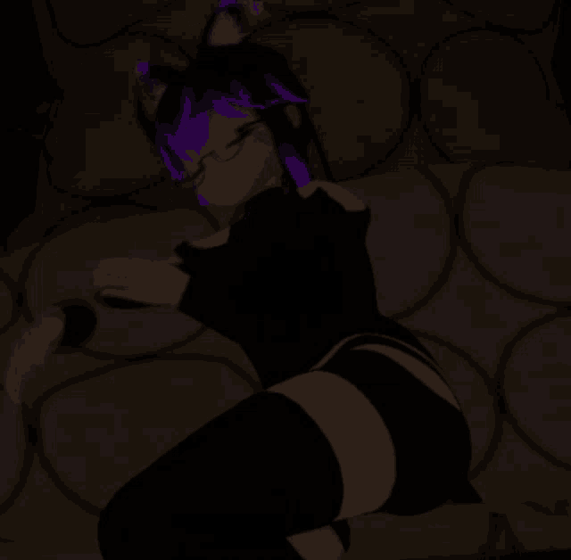 a cartoon character with purple hair is laying down