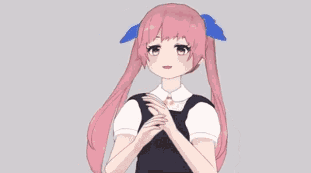 a girl with pink hair and a blue bow on her head is giving a thumbs up