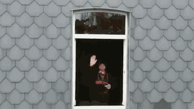 a man stands in a window wearing a black shirt that says ash
