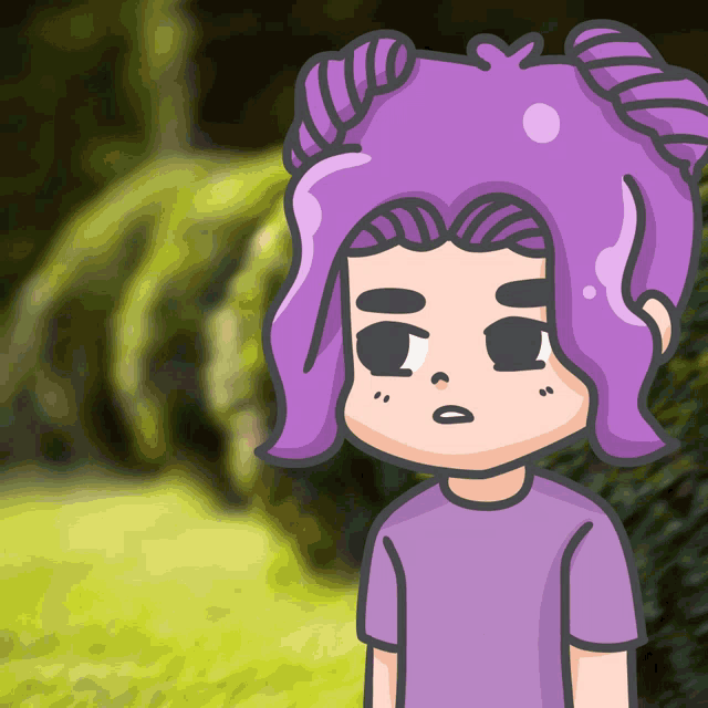 a cartoon of a girl with purple hair and a purple shirt