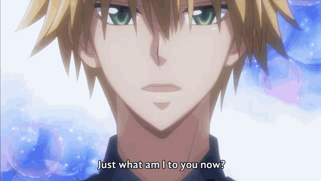 a close up of a boy with the words just what am i to you now