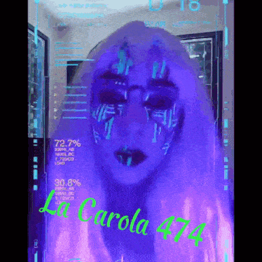 a woman with glow in the dark paint on her face and the name la carola # 74 on the bottom