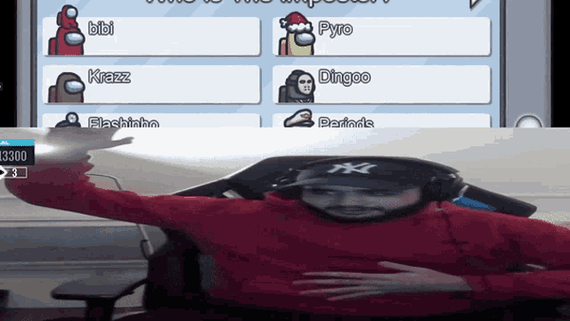 among us is being played on a computer screen with a man wearing a ny hat