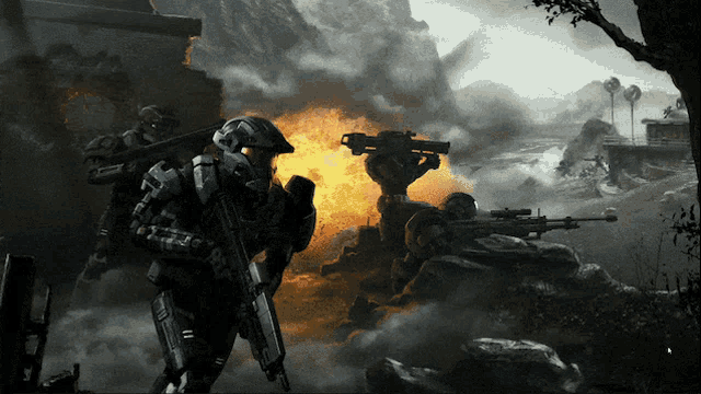 a group of soldiers are fighting in a video game and one of them is wearing a helmet that says master chief on it