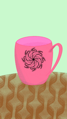 a pink cup with a purple flower design on it
