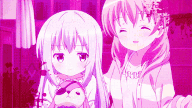 two anime girls are standing next to each other and one of them is holding a stuffed animal