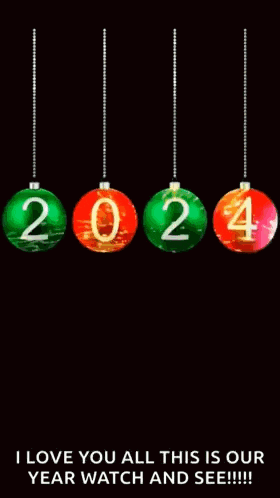 a happy new year greeting card with christmas balls hanging from strings .