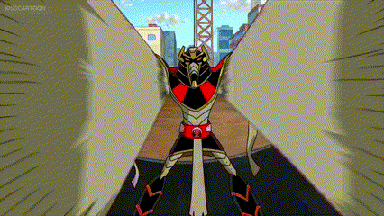 a cartoon character is flying through the air with his arms outstretched and a city in the background .