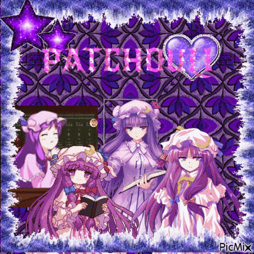 a picture of purple anime girls with the word patchouli in the middle