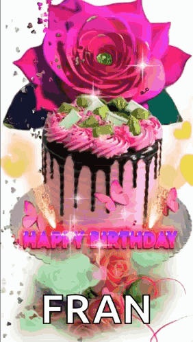 a birthday cake with a pink rose and the name fran written on it