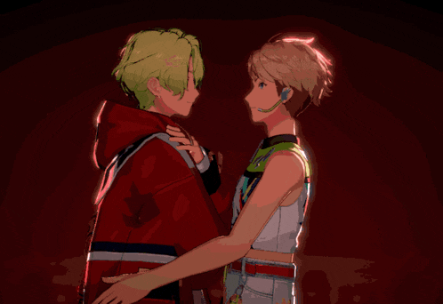 a couple of anime characters hugging each other with a red background