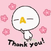 a cartoon character with a yellow letter a on its nose is holding its hand to its mouth and saying thank you .