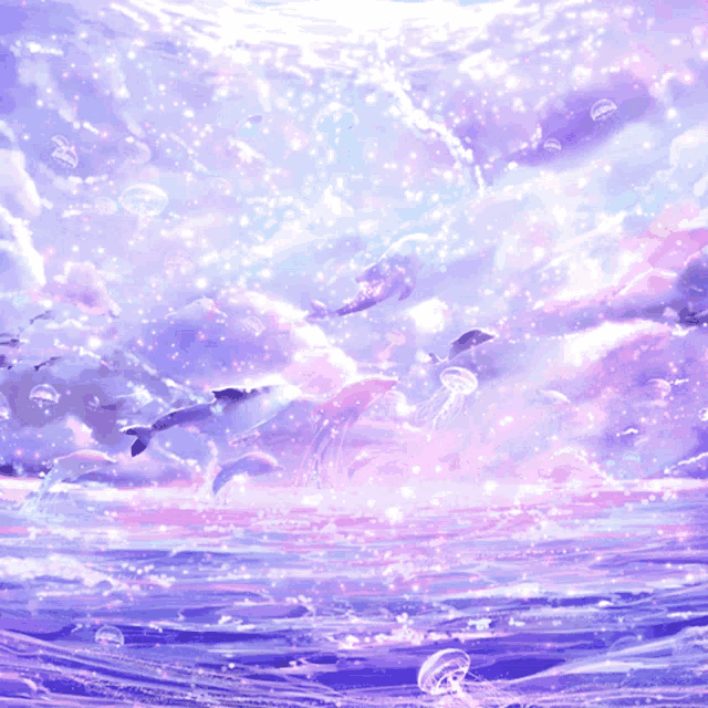 a painting of dolphins and jellyfish in the ocean with a purple sky
