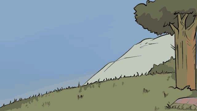 a cartoon drawing of a tree with a red pokeball on it