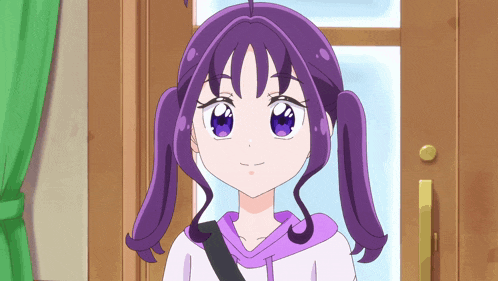 a girl with purple hair is standing in front of a window