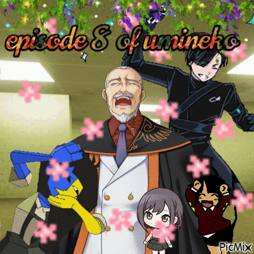 a poster for episode 8 of unineko with a man holding a gun