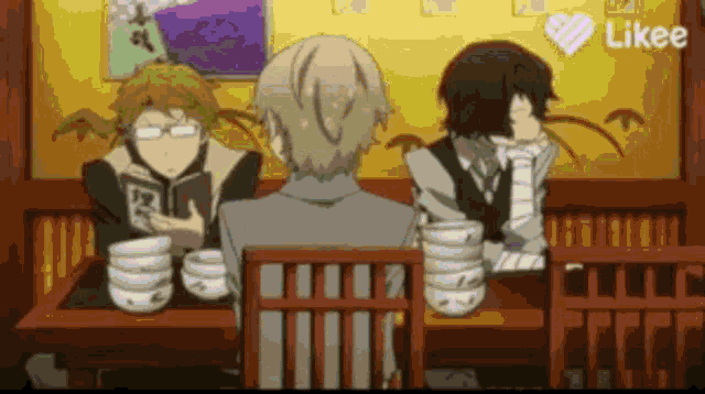a group of anime characters are sitting at a table with bowls of food and drinks .