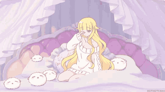 a drawing of a girl sitting on a bed with a caption that says hothot miso
