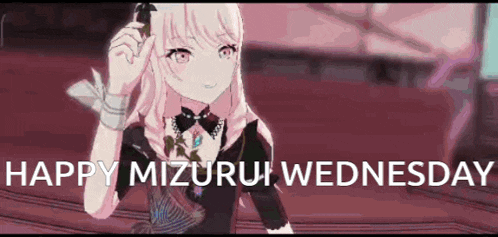 a girl in a black dress is standing in front of a sign that says `` happy mizuru wednesday '' .