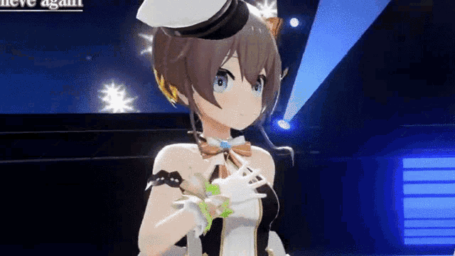 a girl with a hat and gloves is standing in front of a spotlight and a sign that says believe again