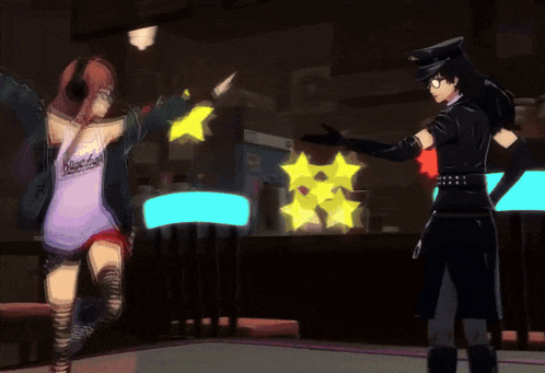 a man and a woman are dancing in a video game and the woman is wearing a shirt that says ' king '