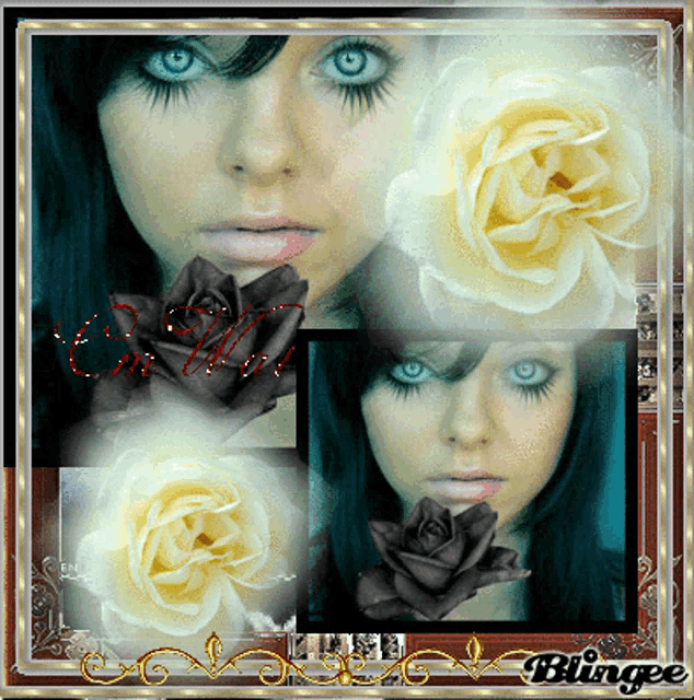 a collage of a woman 's face with roses and the word blingee at the bottom