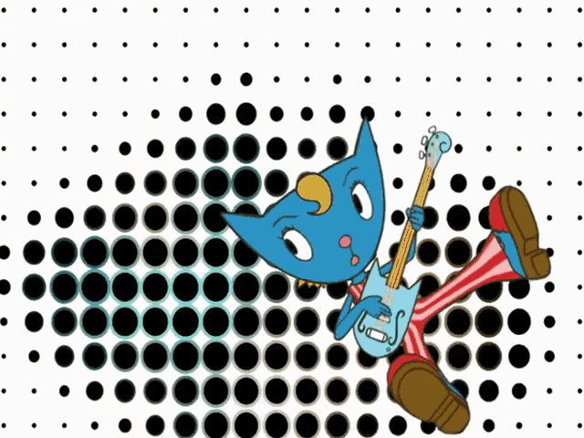 a cartoon of a cat playing a guitar on a polka dot background