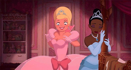 two cartoon princesses are standing next to each other and one is wearing a tiara
