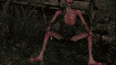 a skeleton is holding a sword in his hands in a dark forest .