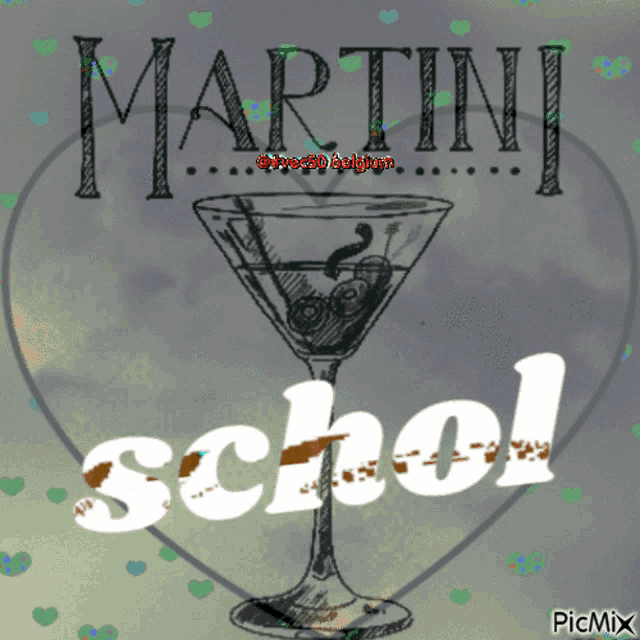 a martini glass with cherries in it and the words martini school above it