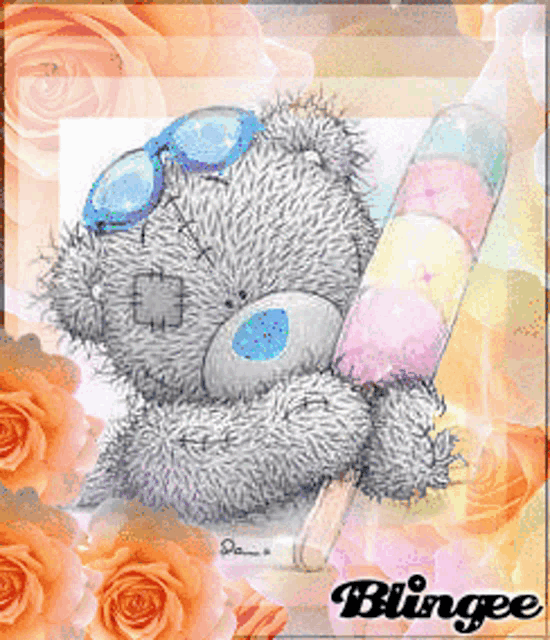 a teddy bear wearing sunglasses is holding an ice cream