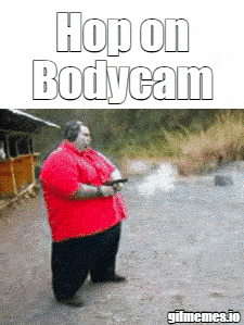 a fat man in a red shirt is holding a gun with the words hop on bodycam above him