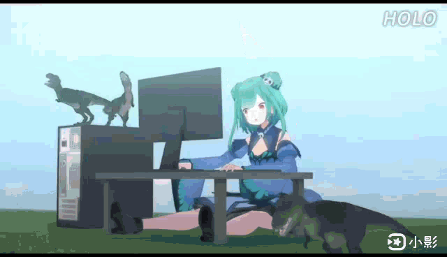 a girl with green hair is sitting at a desk using a computer .