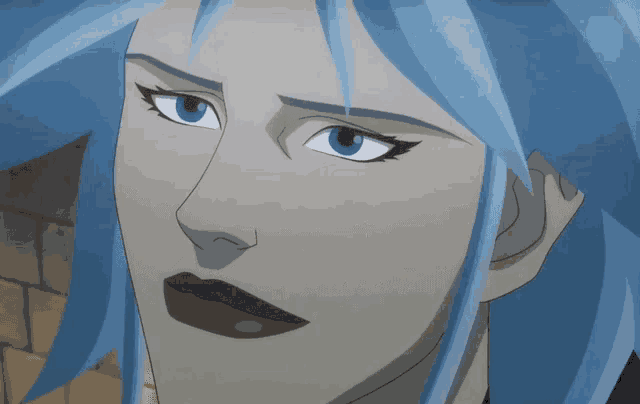 a close up of a cartoon character with blue hair and black lips