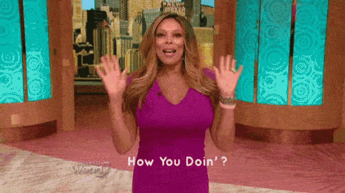 a woman in a purple dress is asking how you doin