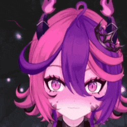 a girl with pink and purple hair and horns is wearing a crown on her head .